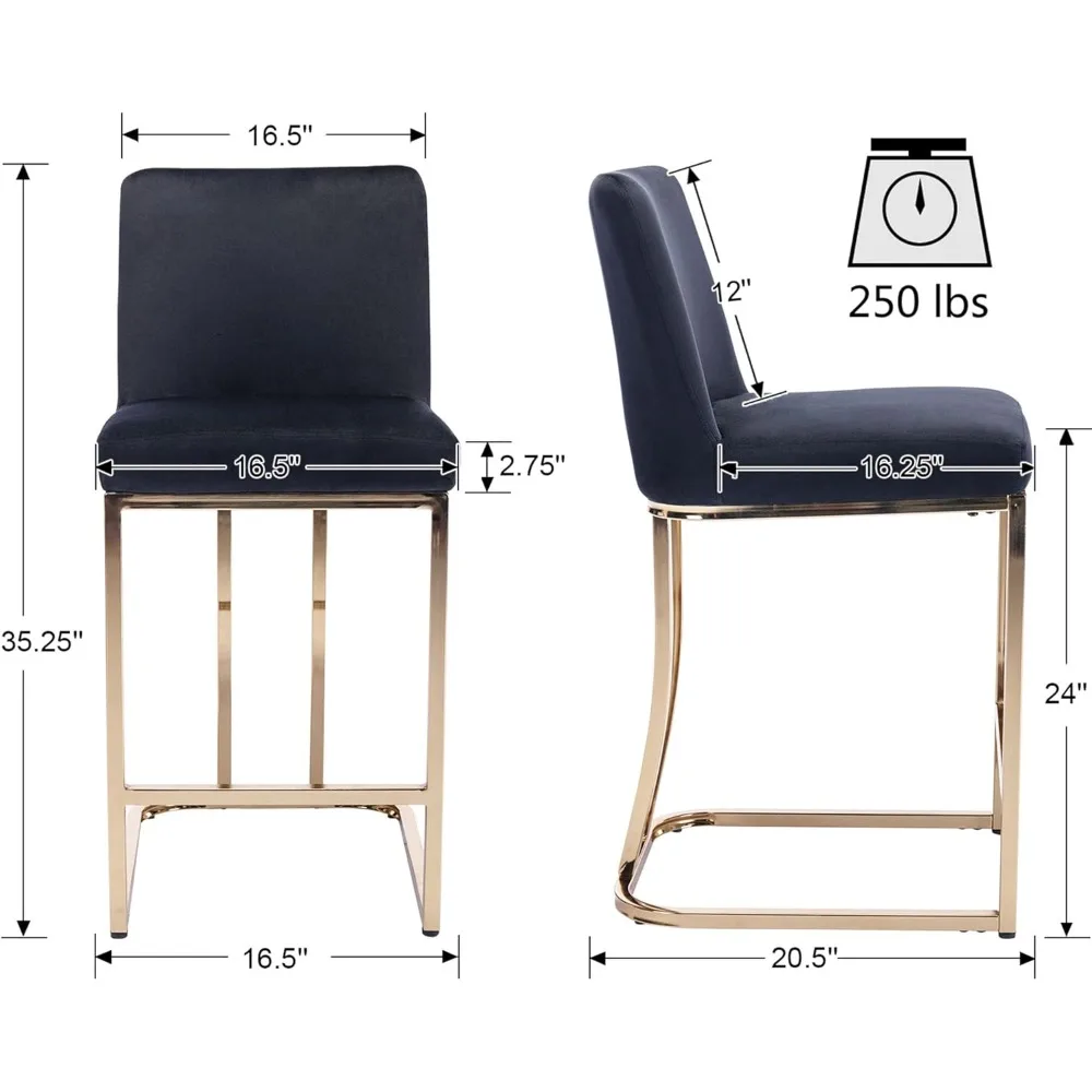 Tabourets de bar à hauteur de comptoir de 24 po de hauteur avec dossier, chaises de comptoir rembourrées en velours avec cadre en métal doré, tabourets de bar