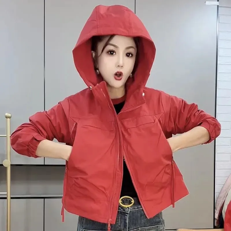 

2025 Spring Autumn Women's Zipper Hooded Coat New Fashion Female Loose Short Jacket Casual Ladies Hooded Overwear