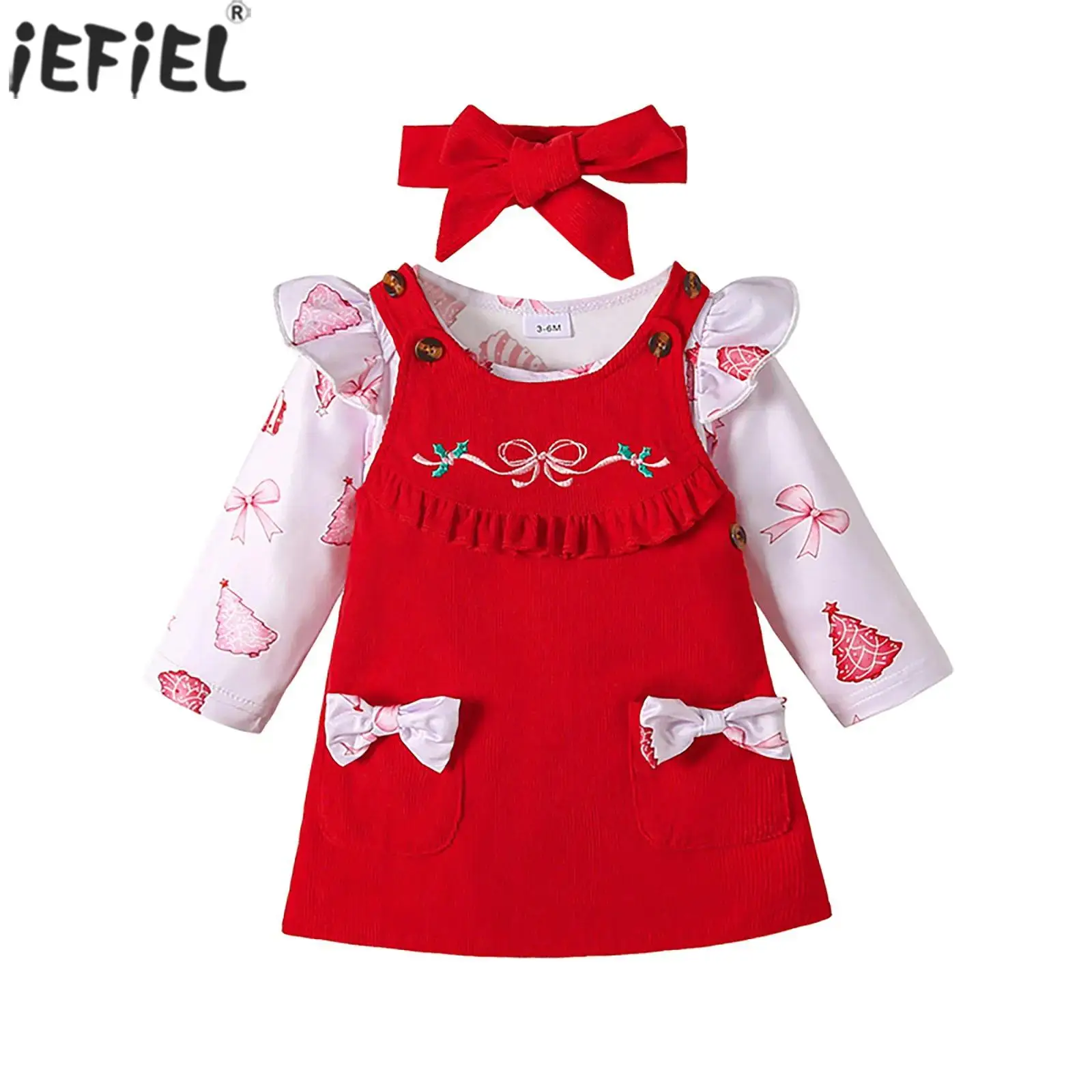 ملابس للفتيات الصغيرات الرضع بأكمام طويلة رومبير مطبوع لطيف مع أقواس مطرزة فستان قصير لحفلات أعياد الميلاد وأعياد الميلاد