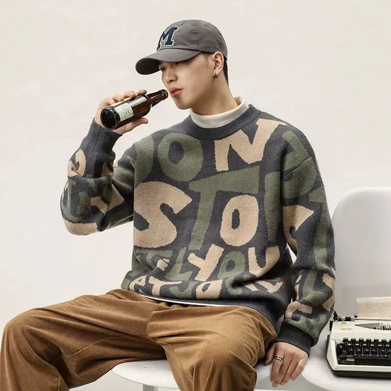 

Retro American Letter Embroidery Men's Winter Casual Loose College Sle Knitted Sweater Jaet Trendy Polyester Fiber