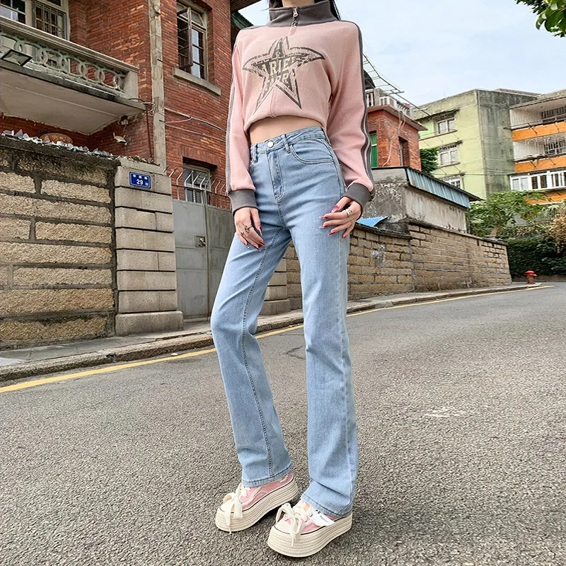 

Женские джинсы с завышенной талией, прямые свободные брюки для отдыха, винтажные потертые джинсовые эластичные удобные женские брюки, уличная одежда