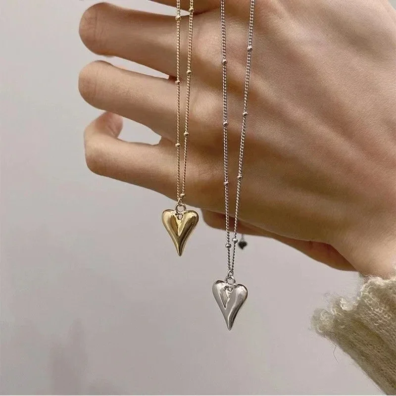 Vintage Golden Silver Color Heart Pendant Necklace for Women New Trend Girls Clavicle Chain Jewelry Birthday Gifts Wholesale