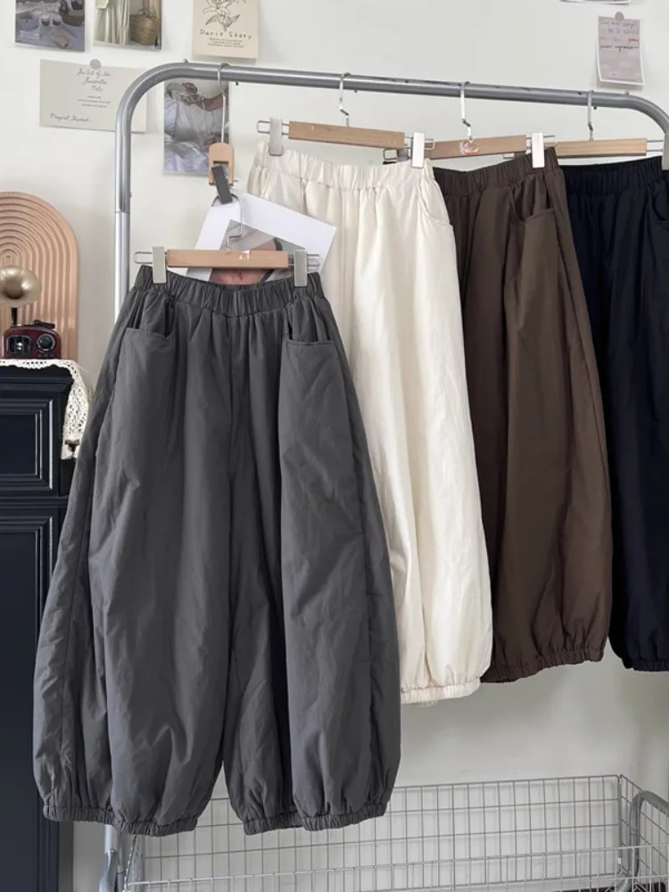 حجم كبير اليابانية Sle واسعة الساق القطن مبطن فانوس السراويل النسائية الشتاء ملابس خارجية ثي السراويل القطنية غير رسمية ملابس المنزل