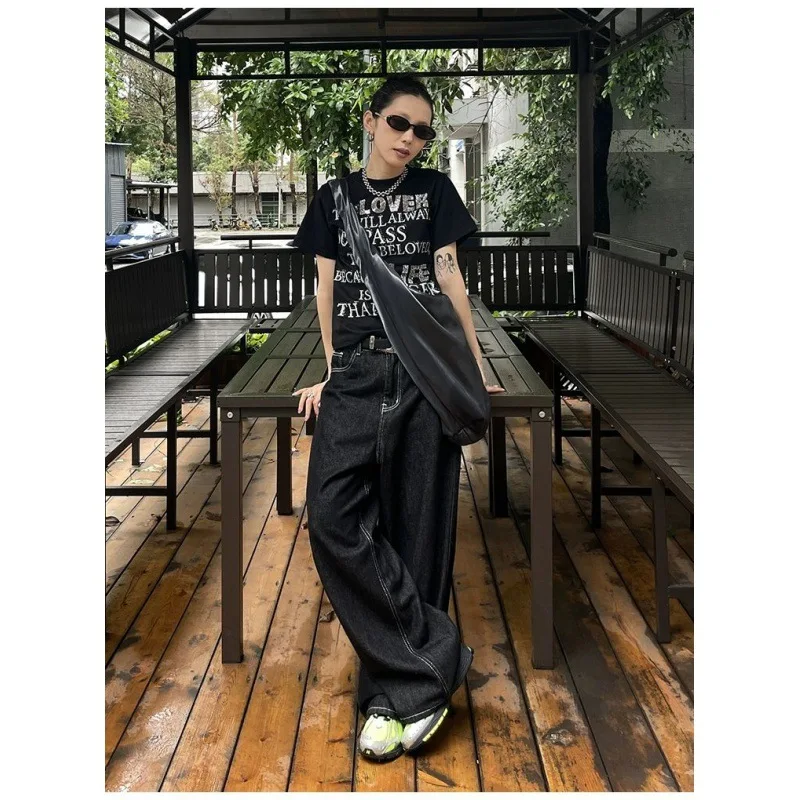 Jeans Kaki Lebar Bordir Amerika untuk Wanita Celana Panjang Lantai Kaki Lurus Longgar Skinny Kasual Serbaguna Retro