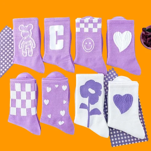 

5/10 Pairs Purple Socks Women Fashion All-match Cute Socks Women Autumn and Winter New Student Women Fashion Mid-tube Socks