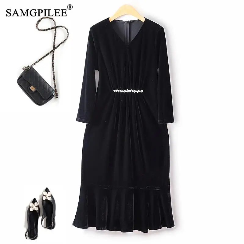 

European Station Velvet Black Elegant Party Dresses For Women 2023 Autumn Winter Diamond V Neck Drape Banquet Fishtail Dress 4XL