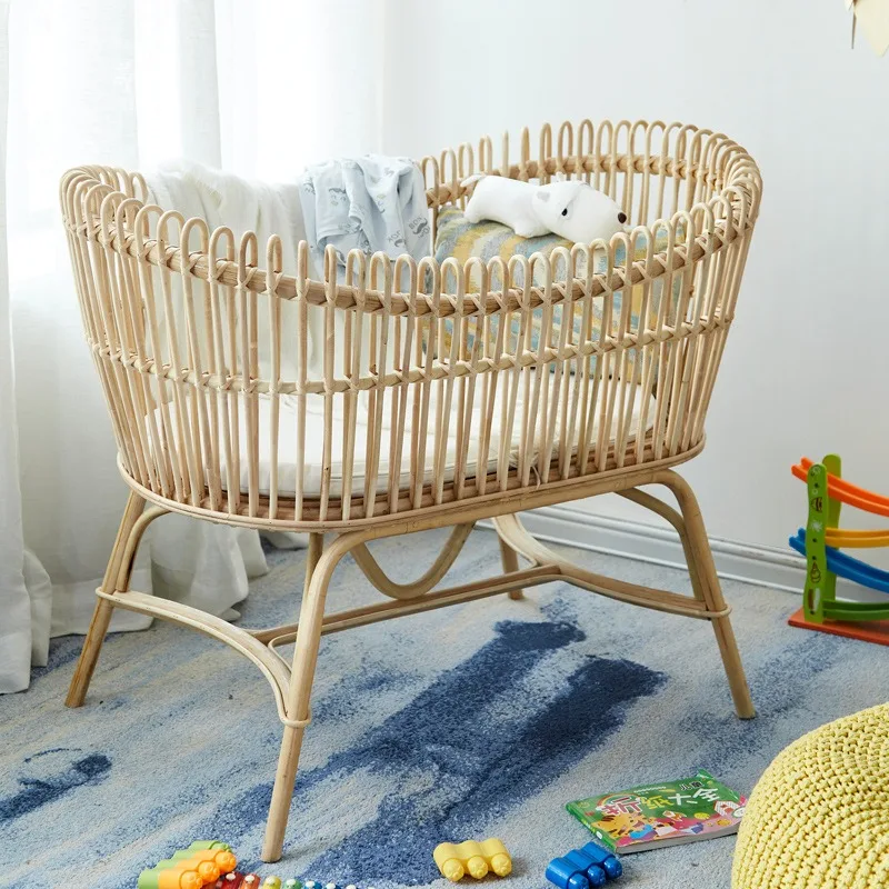 Rotan wieg, retro babybedje, natuurlijk rotan meubilair, ongeverfd Europees handgemaakt wiegje, licht luxe babybedje voor baby's en kinderen