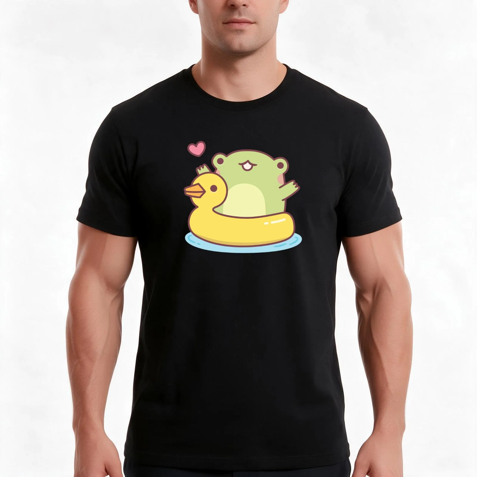 Cute Frog With Ducky Pool Float T-Shirt, Summer Casual Cotton Tee, Oversized Streetwear Tops, Vintage Graphic Print, 100% Cotton