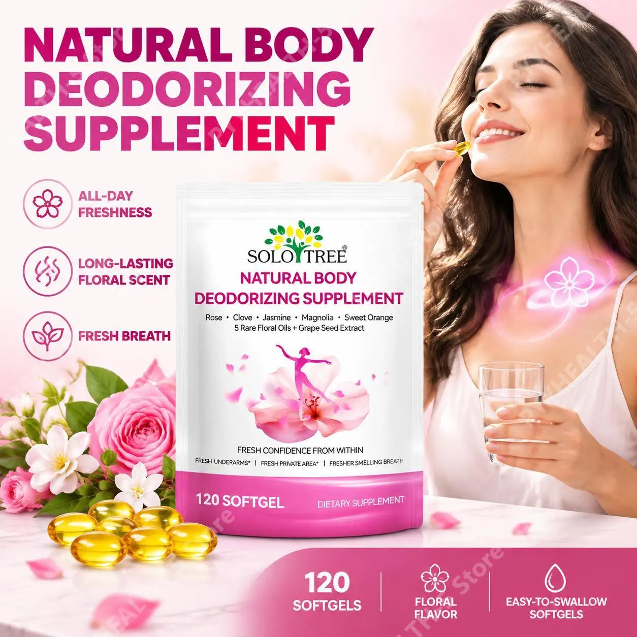 Natural Body Deodorizing Softgels Floral Freshness Supplement with Rose Jasmine Floral Oils for Fresh Breath Body Scent 120 Ct