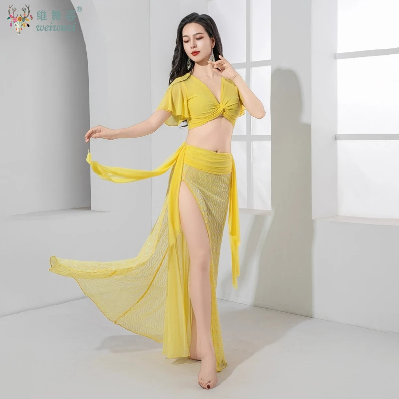 BellyDance Performance Costume for Women's Sexy V-neck Top+Sequins Long Skirt 2pcs Adult Oriental Belly Dancing Practice Clothes