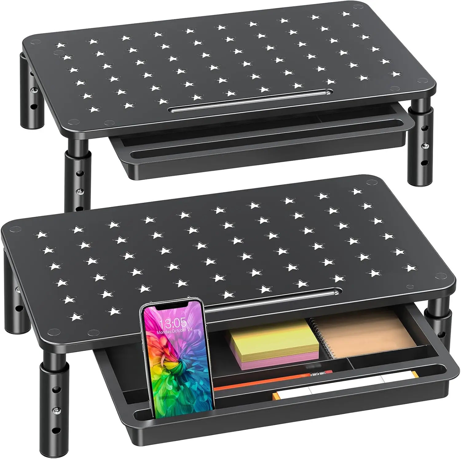 3 Height Adjustable Monitor Stand with Storage Drawer - Ergonomic Metal Riser for Computer Laptop Printer