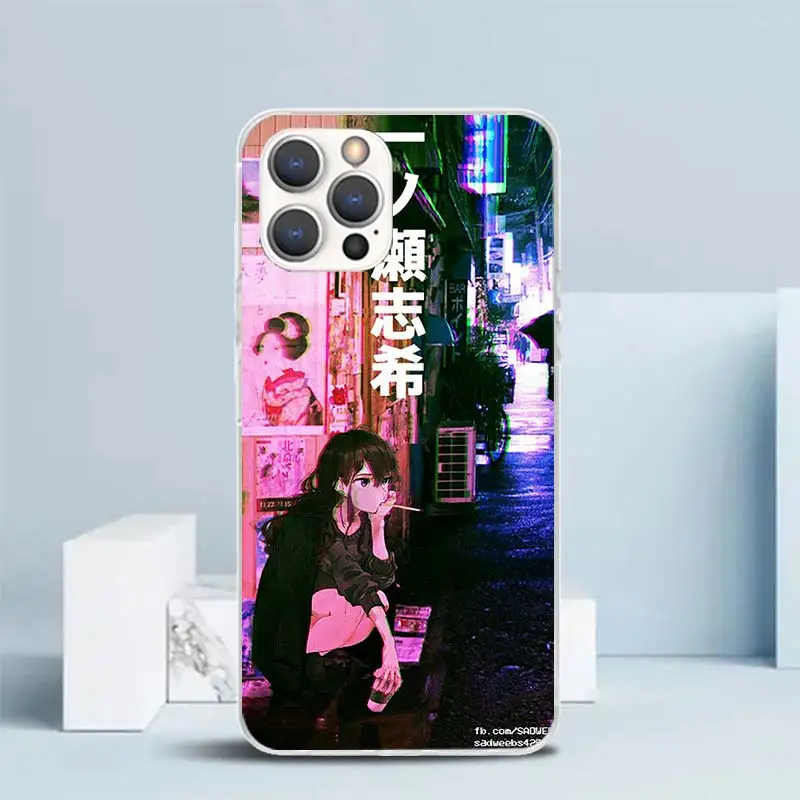 Anime Vaporwave Glitch Purple Soft Cover for iPhone 15 14 13 12 Mini 11 Pro Max Print Phone Case X XS XR 7 Plus 8 + SE Pattern