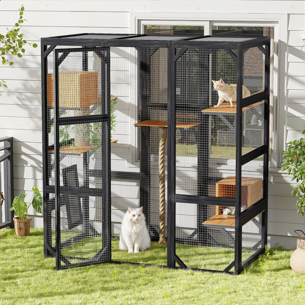 

Outdoor Catio: 2 Doors,62.8"L×32.2"W×68.5"H,Platforms &2 Condos for1-3Cats,Black Brown