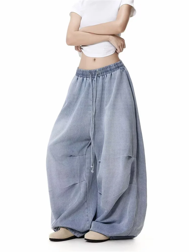Spring Summer Barumi American Streetwear Washed Jeans Women Loose Straight Wide Leg Cargo Trousers Parachute Style Denim Pants
