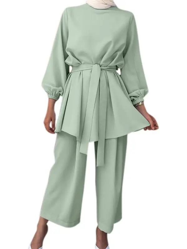 Ramadan Muslim Set Belted Suit Women Islam Clothing Turkey Dubai Abaya Kaftan Dress Outfits Tops Pant Femme Musulmane Ensembles