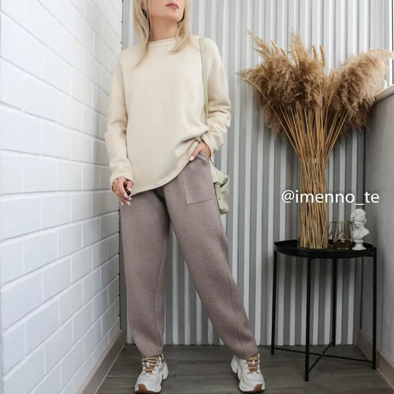 GIGOGOU Fashion Striped Women Harem Pants Autumn Winter Solid Peg Leg Fly Pants Workwear Carrot Trouser Knitted Thick Warm Pants