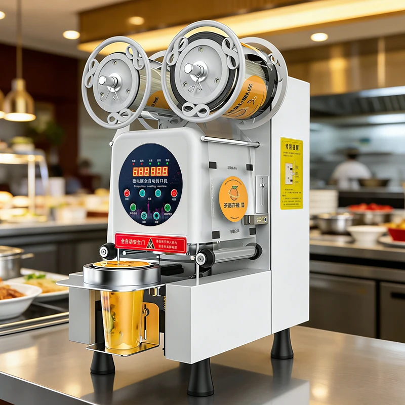 Commercial Fully Automatic Cup Sealing Machine, Electric Beverage Cup Sealer for Restaurant Cafe Drink Cup Packaging