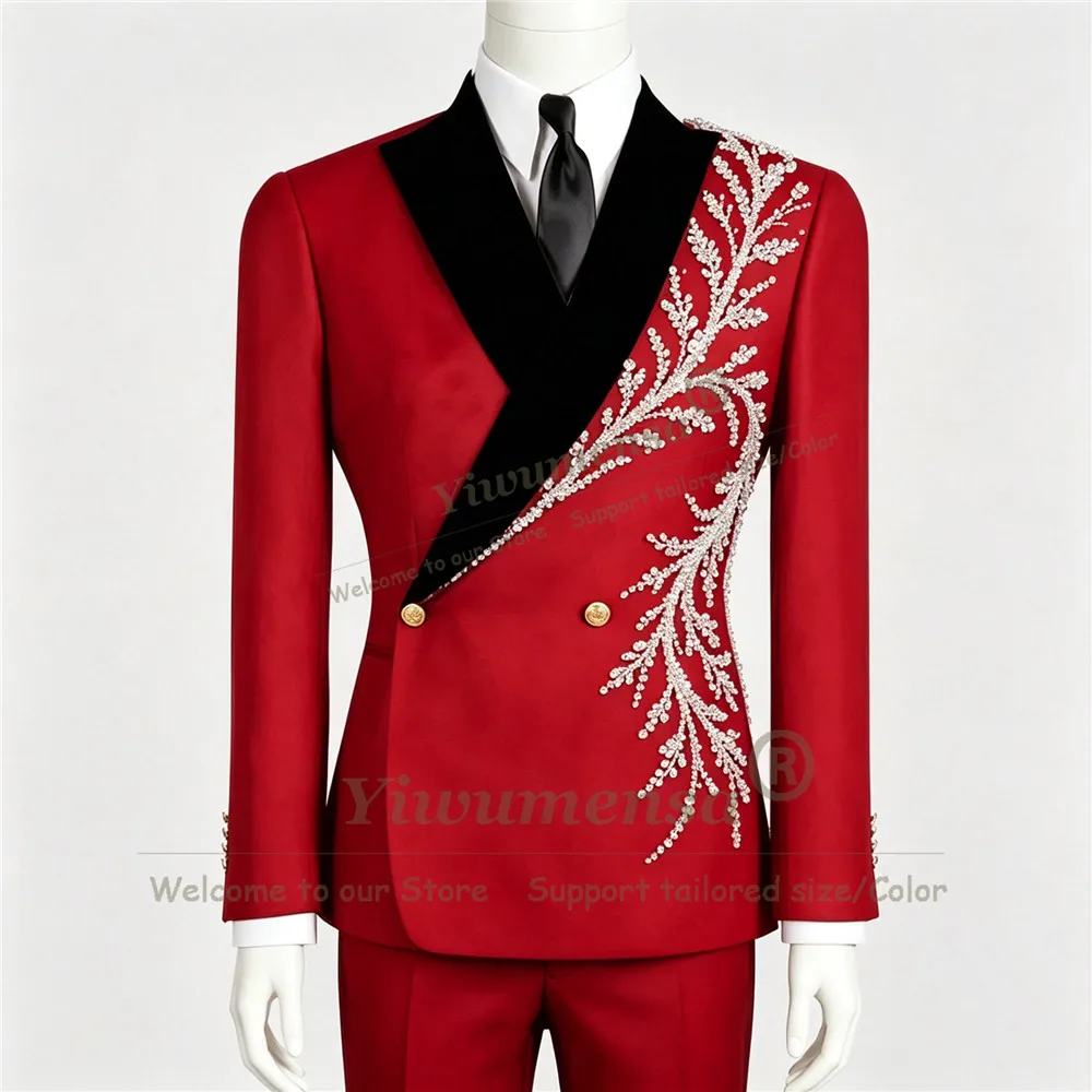 Exclusive Diamond Beaded Suits Men Double Breasted Groom Prom Blazer Customized Groom Wear Tuxedo Slim Fit Male Fashion Clothing
