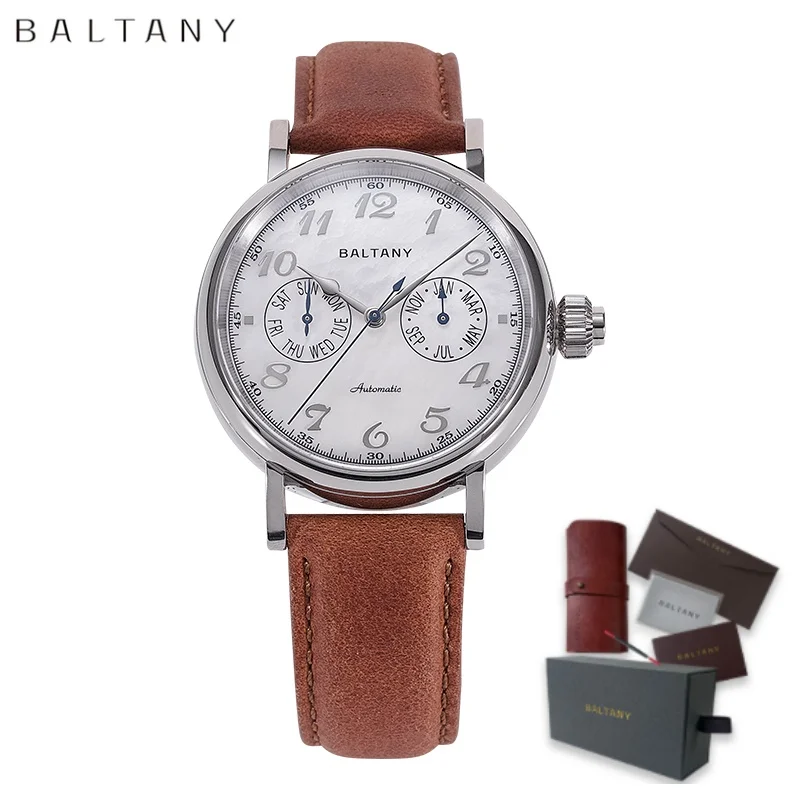 Baltany Function Luxury Fashion Automatic Mechanical Watch S6048 Week Month Hardening Process MOP Dial Leather Dress Wristwatch