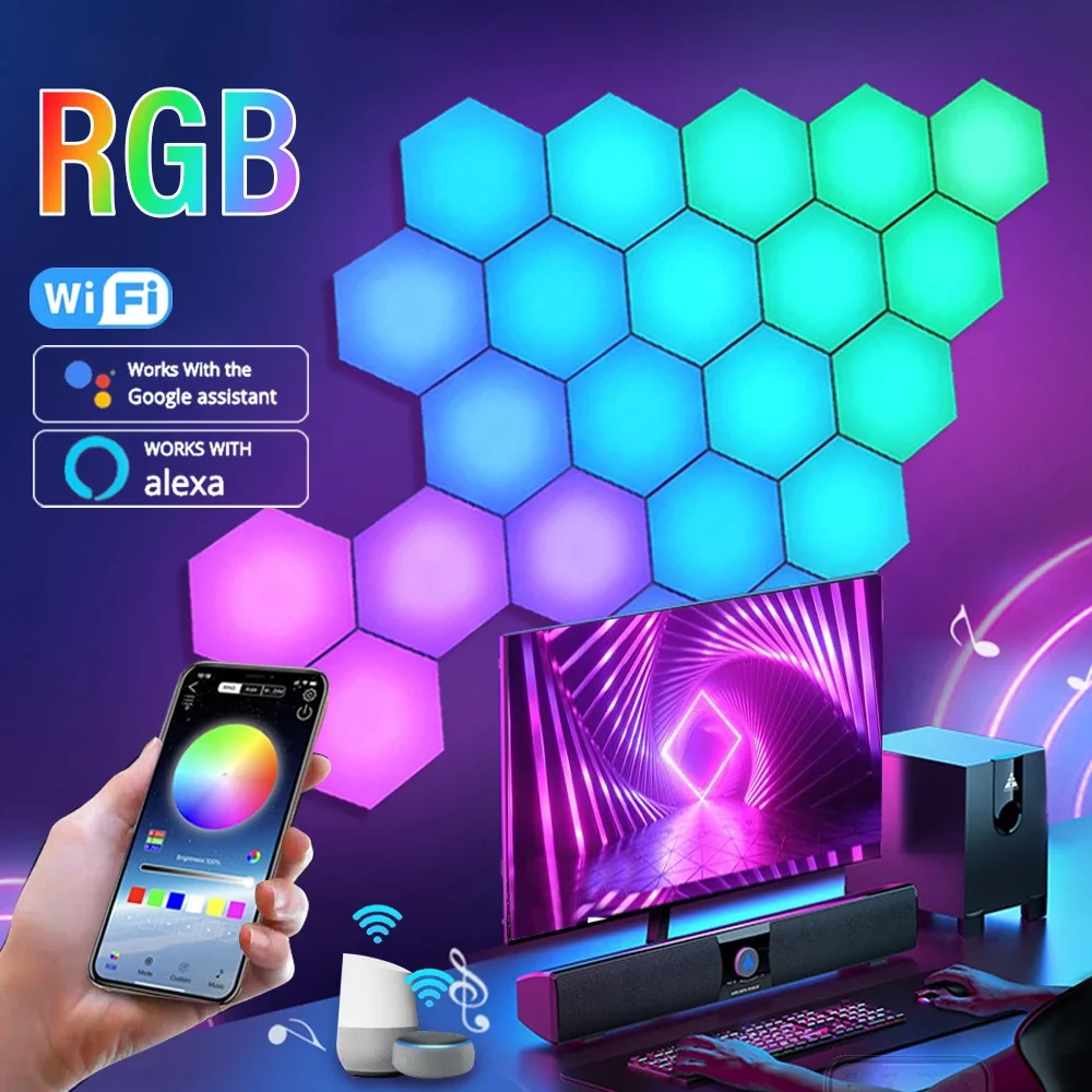 RGB Intelligent Hexagonal Wall Lamp Color-changing Ambient Night Light DYI Shape Music Rhythm APP Control For Game Room Bedroom