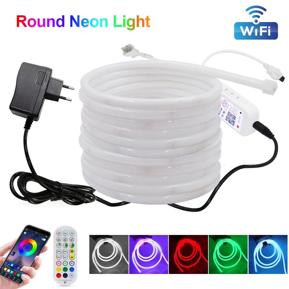 24V WS2811 RGB LED Strip Neon Light Wifi Bluetooth Remote Control Full Color Neon Sign 360° Round Tube Waterproof Neon Rope Lamp