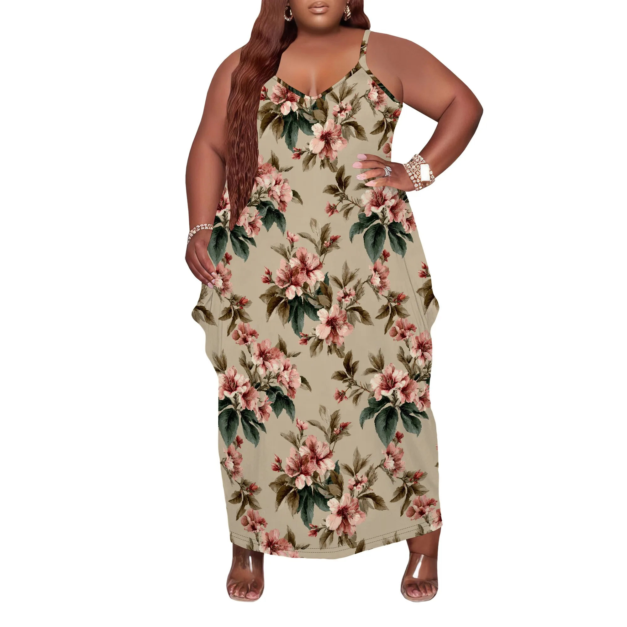 

Women's Plus Size Casual Maxi Dresses Summer Suspender Beach Dress Sundress with Pockets