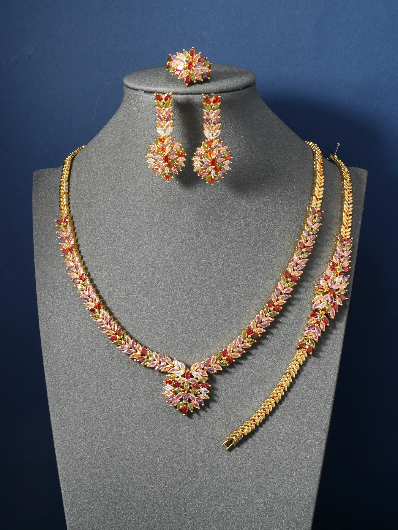 4pcs 24K Gold Plated Copper CZ Stones Ladies' Fashion Elegant Jewelry Set with 3D Flower Cluster Design