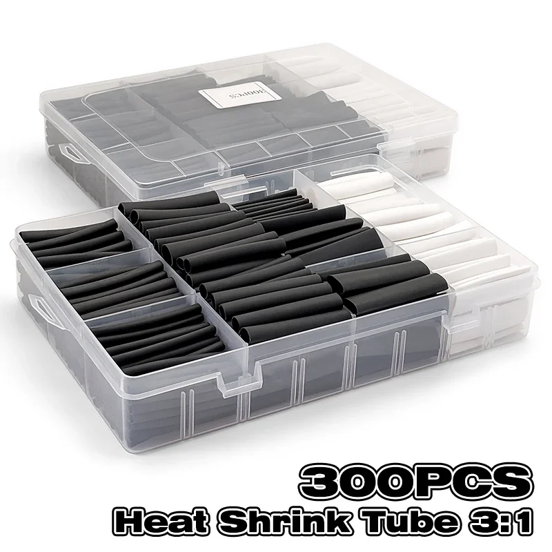 Black White 300Pcs 3:1 Shrinkage Tube Polyolefin Flame Retardant Waterproof Wrap Computer Internal Wiring Cable Insulation Parts