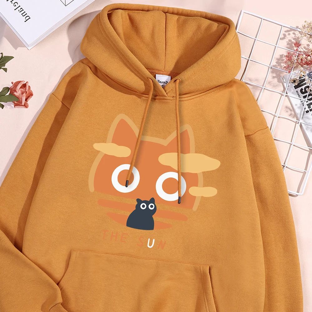 The Sun Orange Cat Fun Hoody Woman Fashion Fleece Sweatshirt Casual S-XXL Hooded Autumn Oversized Clothing