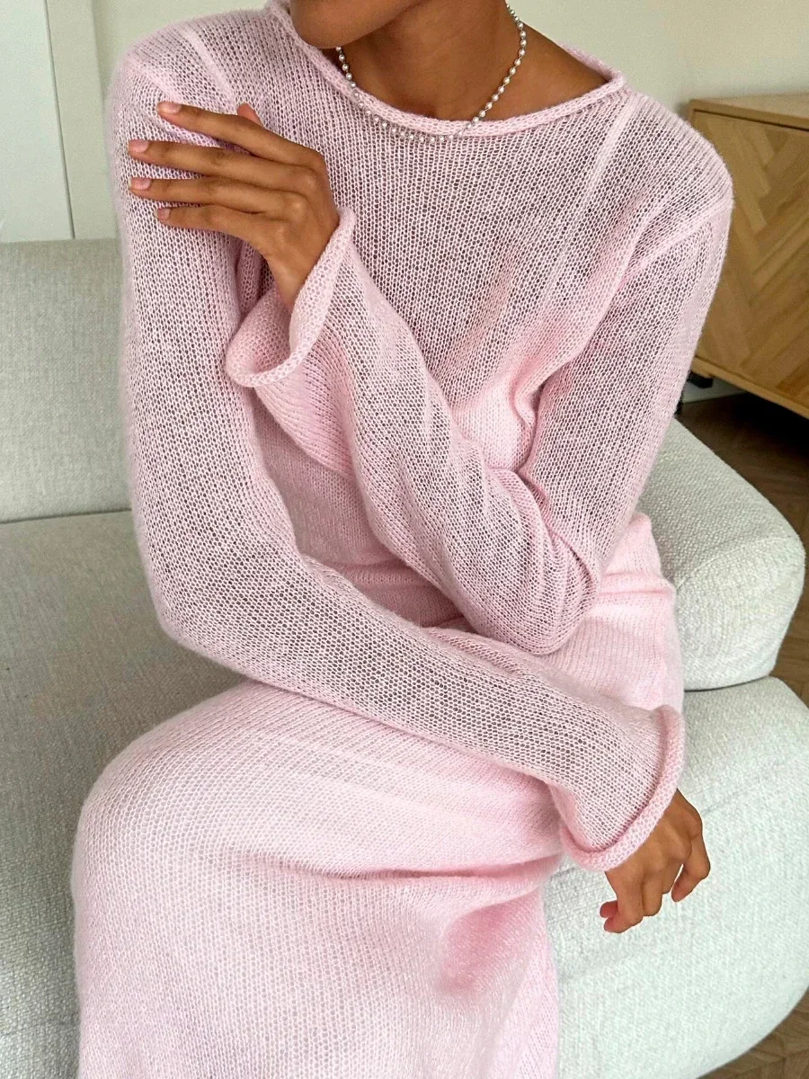 

O-Neck Elastic Knitted Long Dress Camisole Skirt Women Chic Soft Lady Hollowing Sweater Dresses 2 Pieces Sets