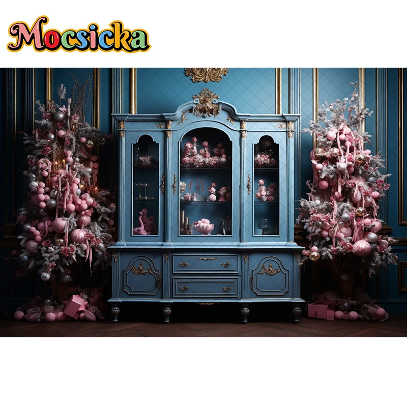 Mocsicka Xmas szafka w stylu Vintage tło fotografia różowa choinka niebieska ściana dekoracja portret dziecka dla dorosłych zdjęcie tło