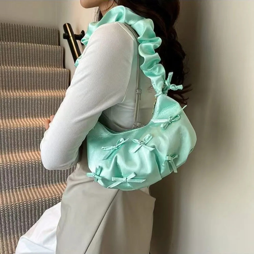 

Fashion Y2k Bow Pleated Armpit Bag Korean Style Ruffle Bowknot Shoulder Bag Sweet Casual Women Underarm Handbag Girls