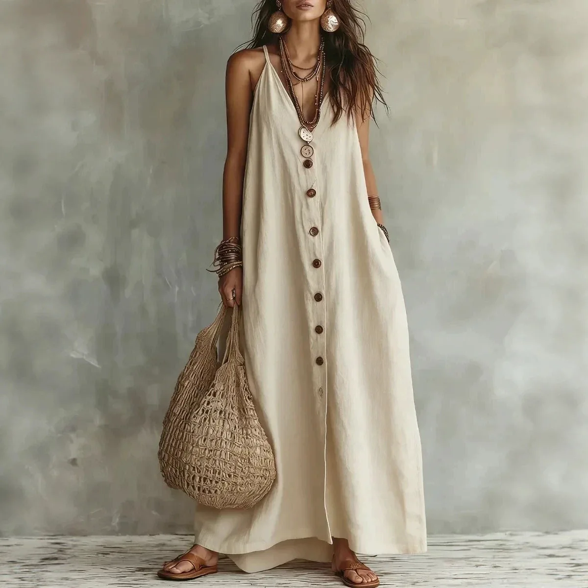 Women's Plain Button Casual Linen Cotton Maxi Dress Spring Summer Linen Dresses