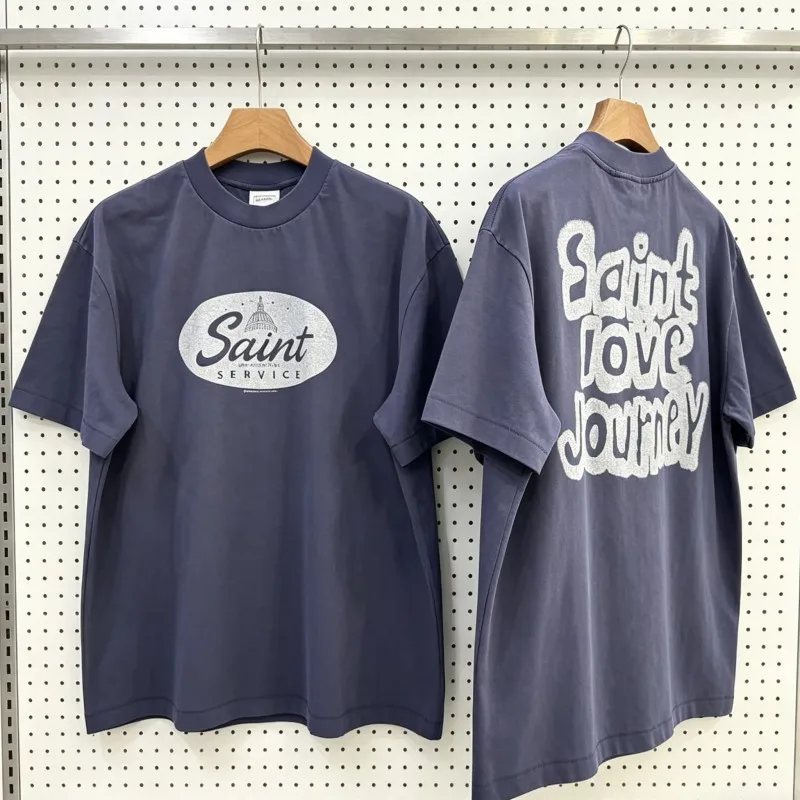 Chest Oval Letter Print Saint Tshirts Vintage Distressed Washed Blue Cotton Round Neck Short Sleeve Tops Men Women Street Outfit