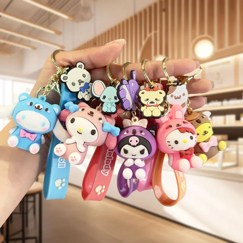 MINISO Sanrio Cute Girl Keychain Bag Pendant Pink Kuromi Melody Cinnamoroll Car Key Accessories Set Ring Backpack Holiday Gifts