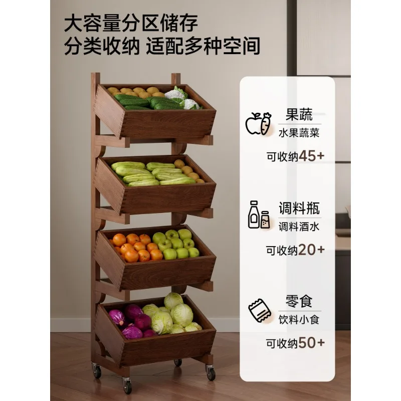 4 Tier Wooden Kitchen Storage Rack Freestanding Fruit Vegetable Basket Organizer Drawer Shelf For Pantry Food Snack Home Storage