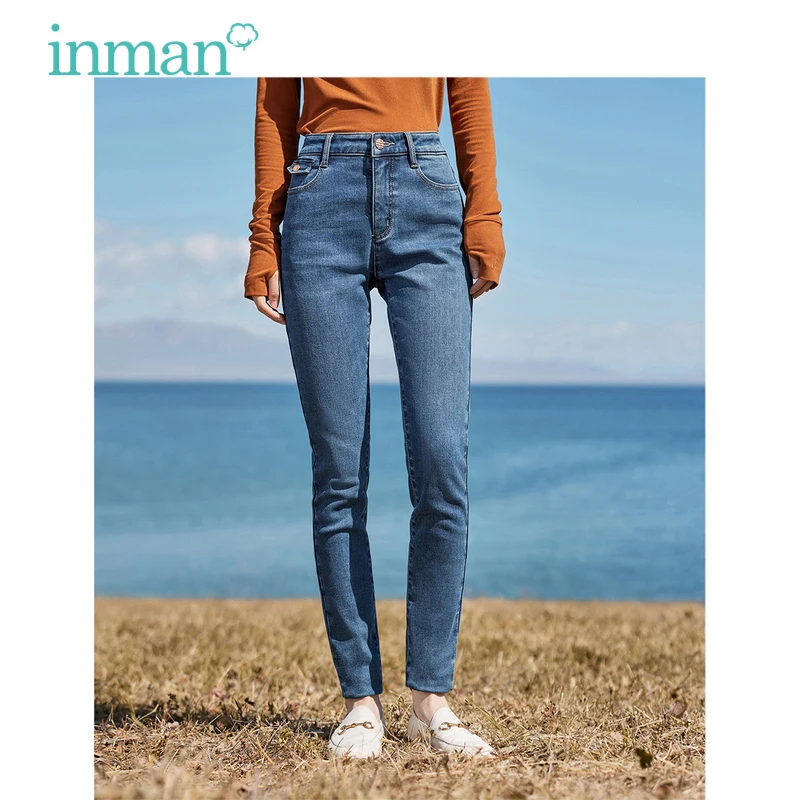 INMAN Women Imitation Cashmere Jeans 2023 Winter High Waist Slim Stretch Denim Pants Fashion Versatile Warm Trousers