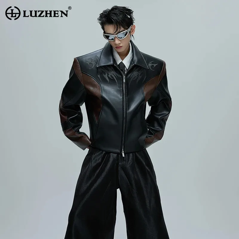

LUZHEN цветная кожаная куртка с контрастным дизайном, мужская осень 2024, новая мода, пальто высокого качества с узором и вышивкой JY4351