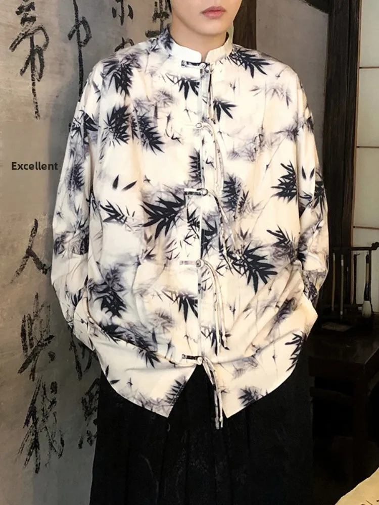 

New Chinese Sle Long Sve irt Men's Stand Collar Buttoned Hanfu Water-Mark Printing Loose Fit Youth Faion Spring Autumn