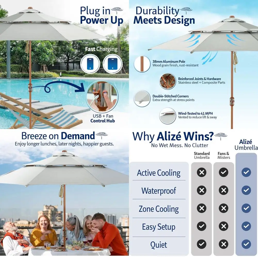 

10 ft Patio Umbrella with 4-Speed Fan, 4200 CM³ Airflow, USB Port, 50+ UV Block for Outdoor, Deck, Pool Use