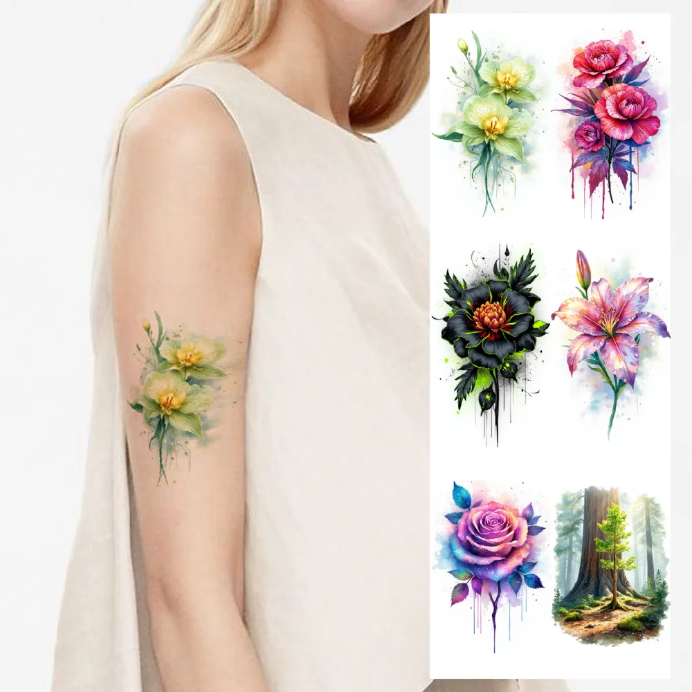 

9pcs Temporary Tattoo Tulip Waterproof Long-lasting Body Stickers Cactus Tropical Flowers Temporary Tattoo Stickers Bonsai For