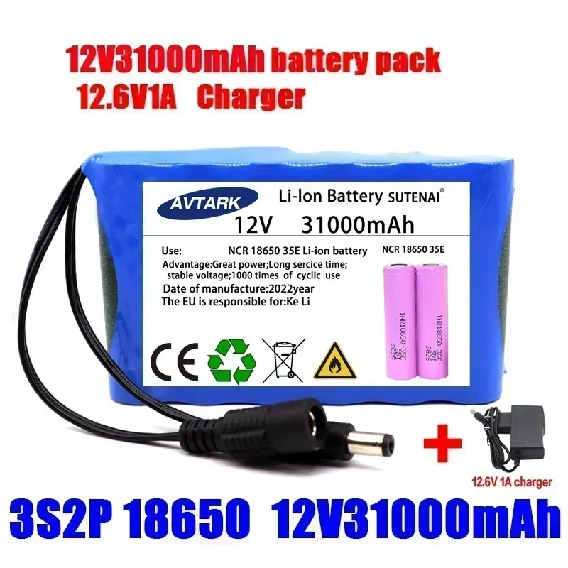 

18650 3S2P 12V 31000mah Original Lithium Ion Battery DC 12.6V 31Ah Rechargeable CCTV, Camera Monitor Replacement Battery+Ch