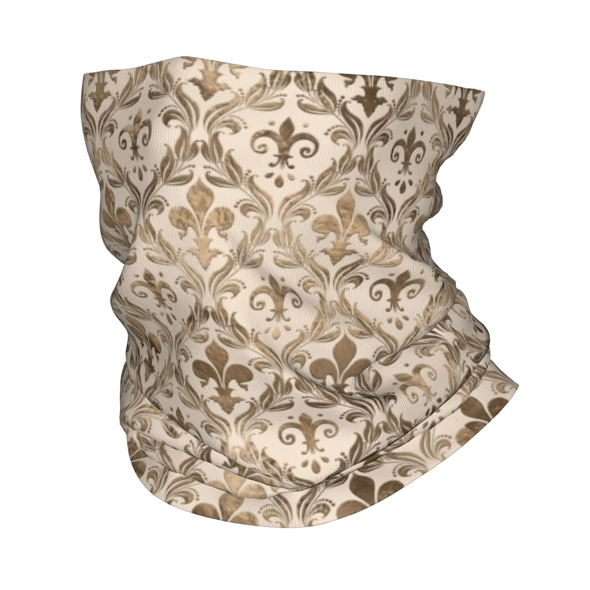 Custom Retro Fleur De Lis Pattern Pastel Gold Bandana Neck Gaiter for   Wrap Scarf Royalty Lily Flower Petals Balaclava Warmer