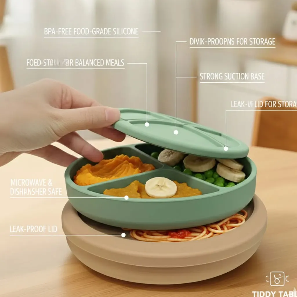 

Food Grade Silicone Baby Cutlery Set with Lid Dinner Plate Complementary Food Bowl Maternal and Baby Products