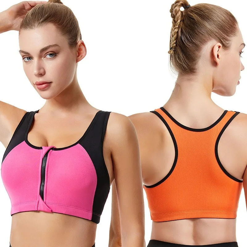 Women Zip Front Color Block Sports Bra High Impact Shockproof Wireless Plus Size Yoga Bra for Gym Running Fitness
