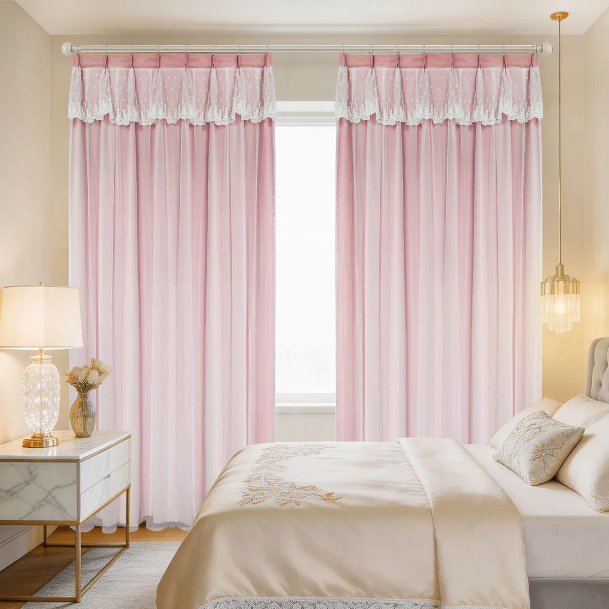 Pink Double Layer Lace High Shading Curtains, Korean Style Dot Valance Window Drapes for Bedroom Living Room