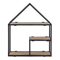 House-Shaped Wall Mounted Floating Shelf,Black Metal Frame with Wood Shelves,3-Tier Storage Rack, Modern Decorative Display Unit