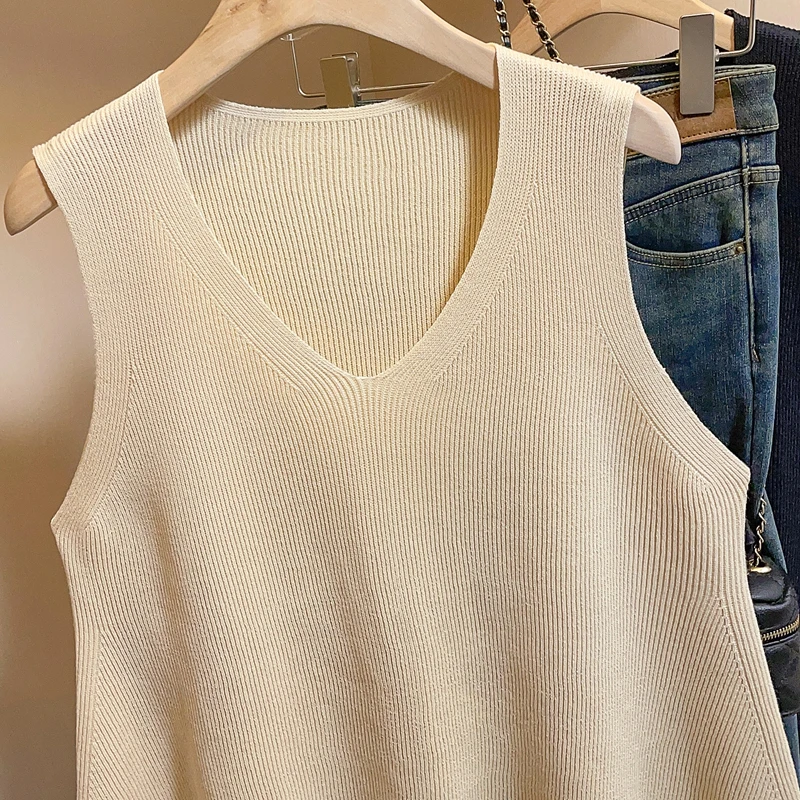 New 2024 Womens Tank Vest Ice Silk Knitted Sleeveless T-Shirt Slimming Belly Covering Bottoming Shirt Top Women
