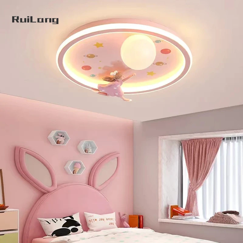 Baby Room Ceiling Light Moon Astronaut Cute Cartoon Chandelier for Kids Girl Princess Bedroom Decor Pink Lustre Led Ceiling Lamp