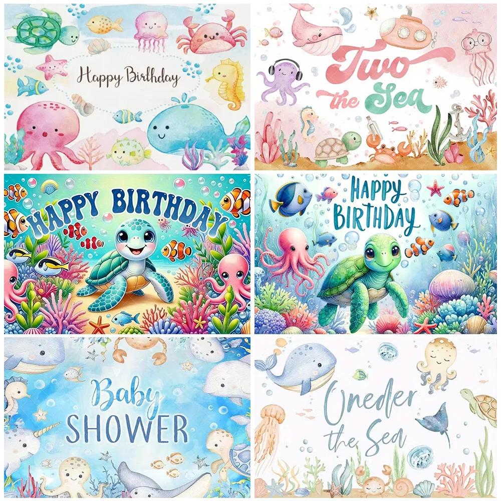 

Cartoon Ocean Creatures Backdrop Underwater World Child Birthday Party Decorations Turtles Dolphin Coral Baby Shower Supplies